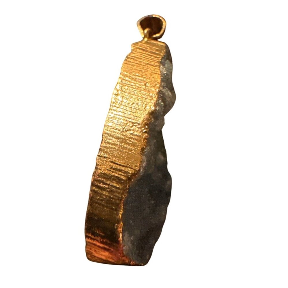 Natural Black Druzy Gemstone Pendant 10k Gold Trim Earthy - Picture 4 of 7